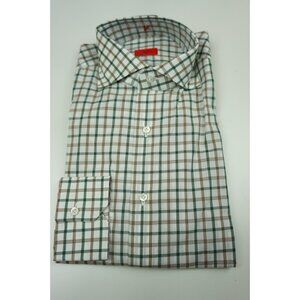 Isaia Cinnamon Dark Green White Plaid Long Sleeve Cotton Dress Shirt 15.5/39 NEW